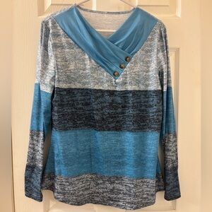 Blue and Gray Colorblock Long Sleeve Top with Button Detail